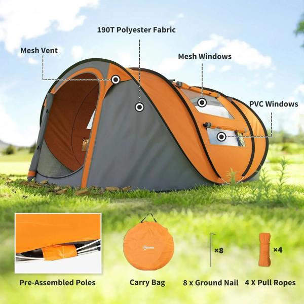 Orange and dark gray pop-up tent with mesh vents and PVC window panels