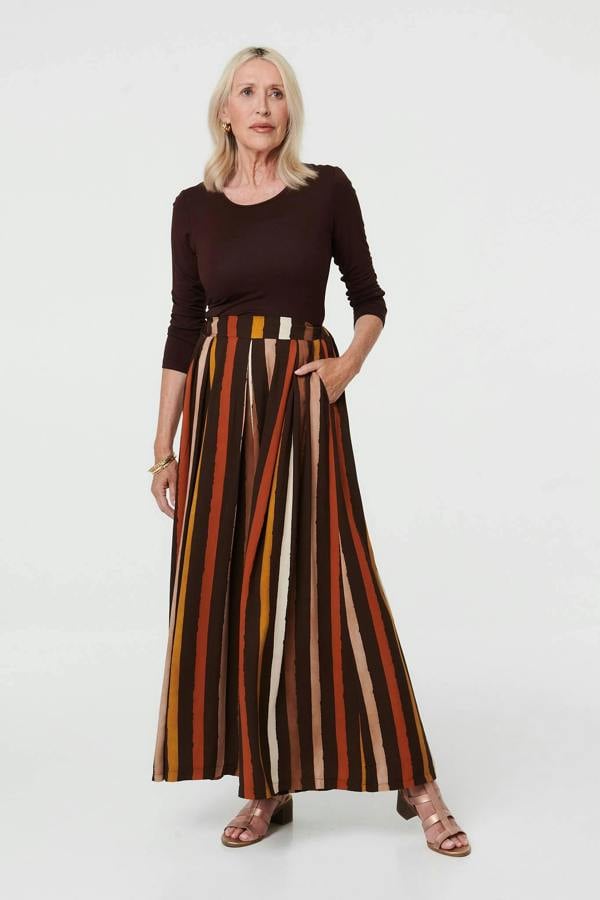 Brown | Striped High Waist Wide Trousers