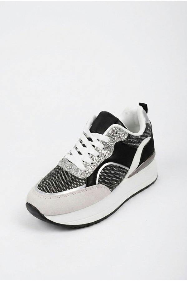 Chloe Womens Glitter Panel Platform Trainers - Black
