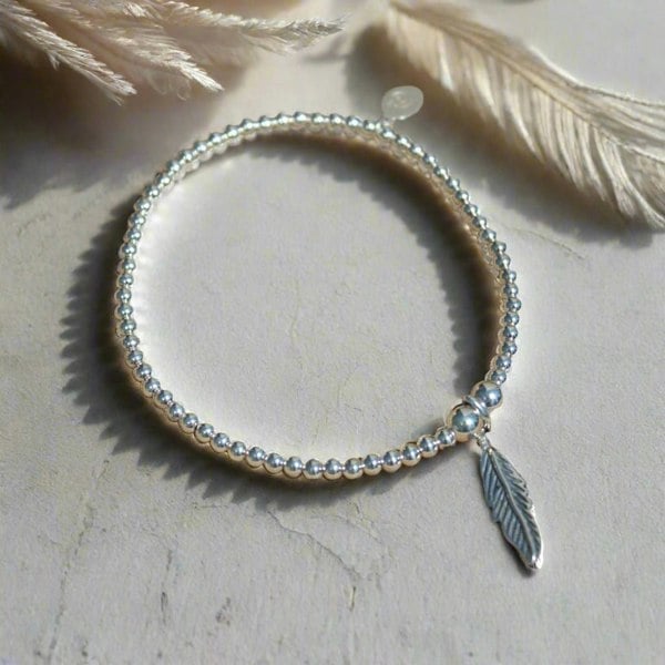 Feather on Silver Ball Bead Bracelet - MYLEE London