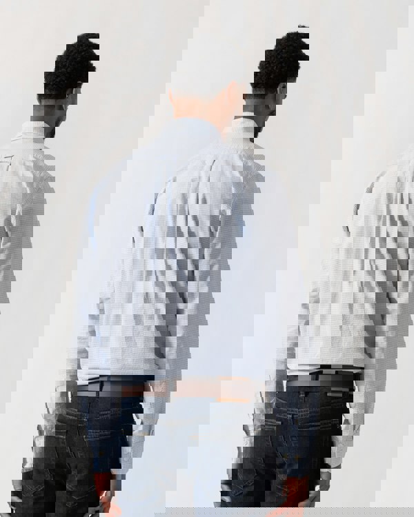 Model wearing GANT Mens Regular Fit Classic Poplin Gingham Shirt in 455 Light Blue - back