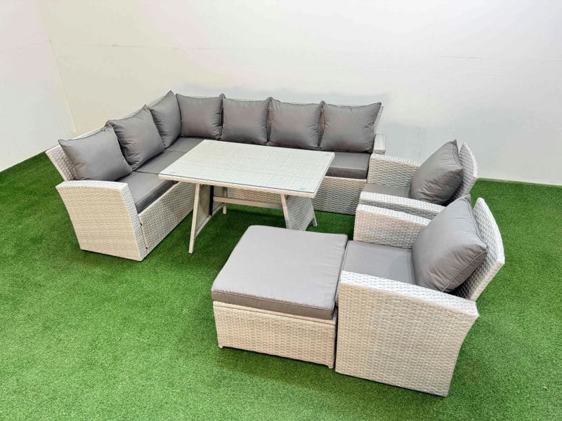 Fimous Garden Outdoor Rattan Furniture Set Rattan Corner Sofa Oblong Dining Table with 2 Armchairs Big Footstool Light Grey Mixed 9 Seater