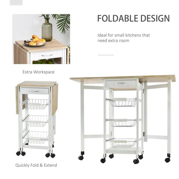 White expandable kitchen cart trolley with oak top and wire baskets on caster wheels