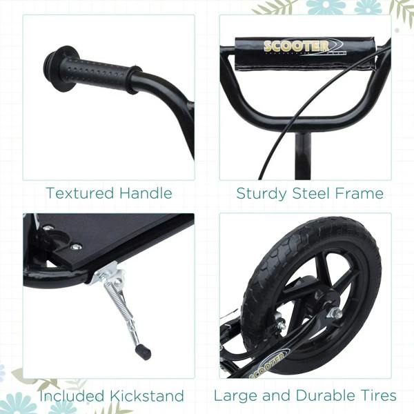 Black kick scooter with textured grips, sturdy steel frame, and large durable tires