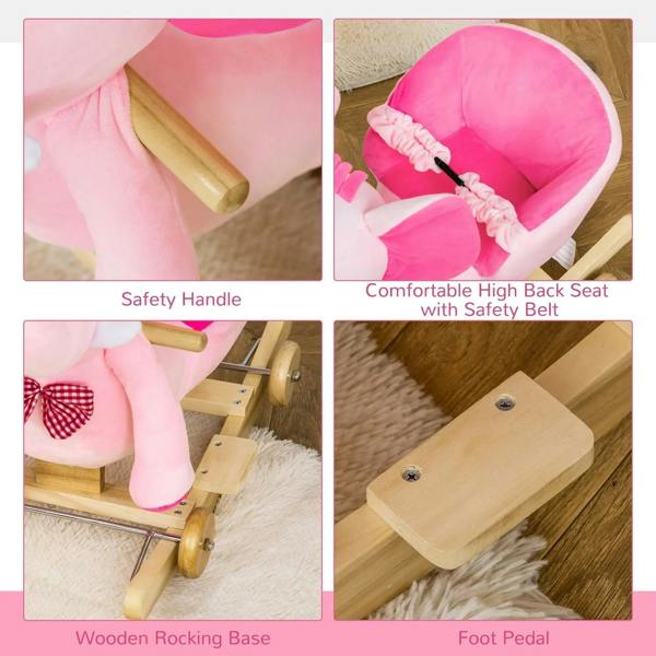 Pink plush elephant ride-on with wooden rocking base, safety handle, seat belt, pedal