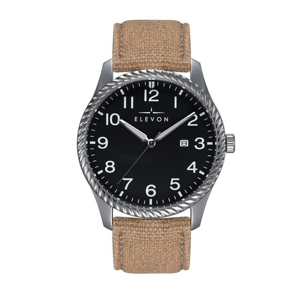 Elevon Crosswind Canvas-Overlaid Leather-Band Watch w/ Date - Black/Khaki - ELE128-3