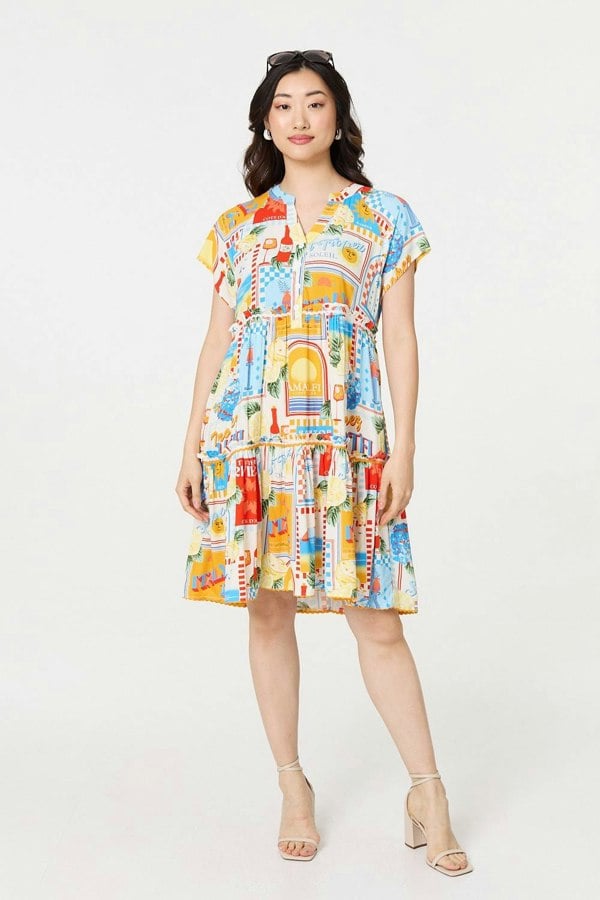 Orange | Patchwork Print Knee Length Smock Dress
