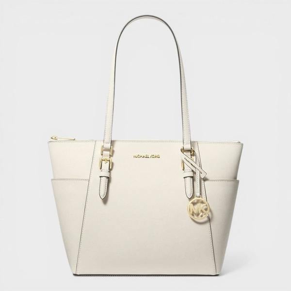 Michael Kors Saffiano Leather Zip Tote Bag Optic White