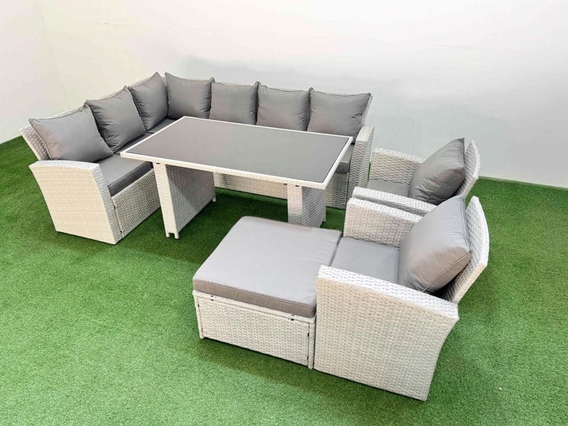 Fimous 9 Seater Wicker Rattan Corner Sofa Sets Outdoor Garden Furniture Sets with Rectangular Dining Table Lounge Sofa Big Footstool Light Grey
