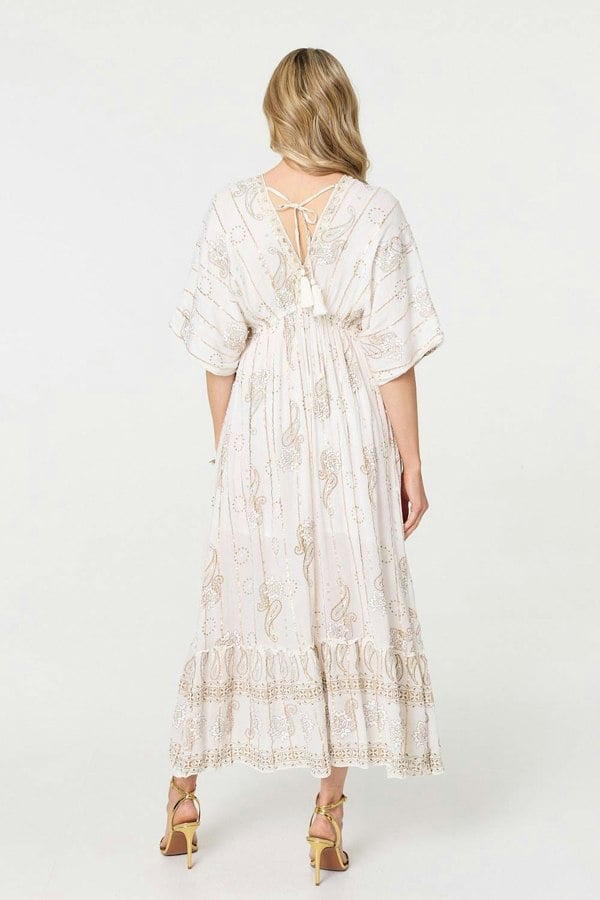 White | Embellished Kimono Sleeve Maxi Dress
