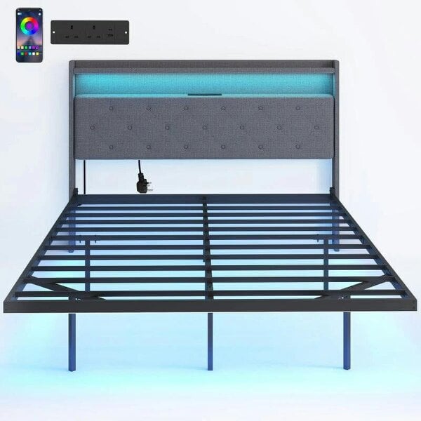 Floating Bed Frame, Upholstered 4ft6 Double Size Bed, Platform Bed with RGB LED Lights and Charging Station, Grey