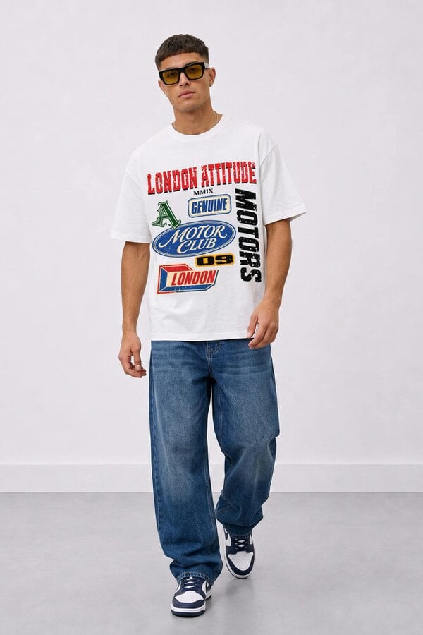 London Attitude Oversized Heavyweight Vintage Racing T-Shirt in White