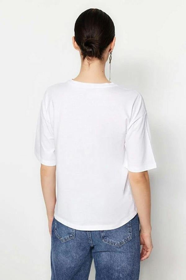 WOVCOR 100% Cotton Stone Detail Crew Neck Knitted T-Shirt