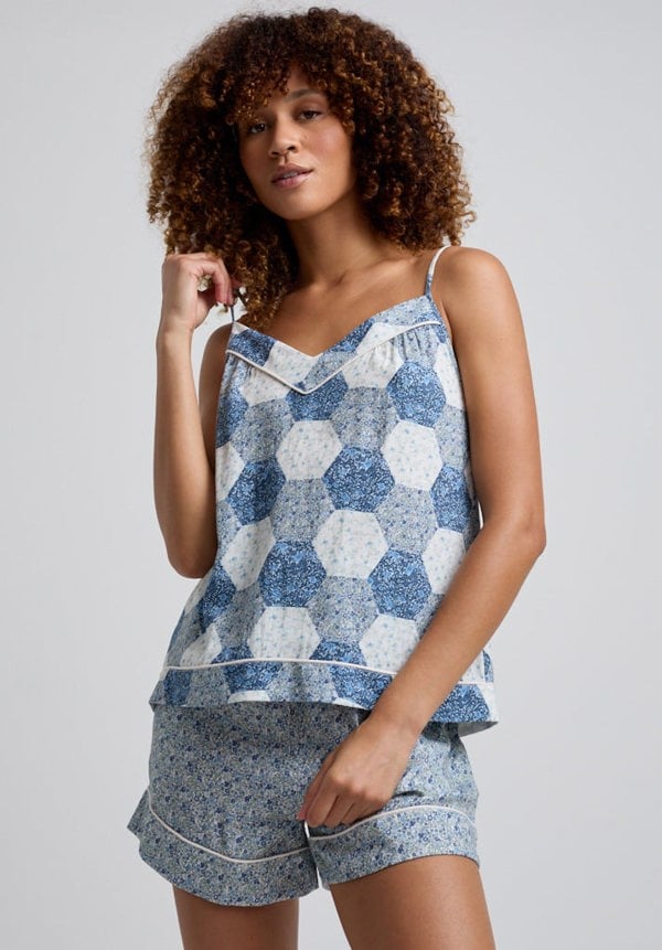 Patchwork Printed Cami and Short Pyjama Set with piping detail in Blue