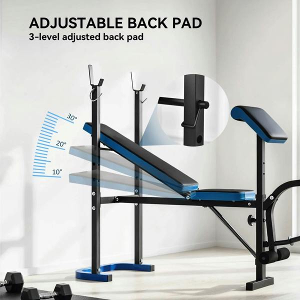 Adjustable back pad bench with blue-edged black backrest and adjustable steel supports