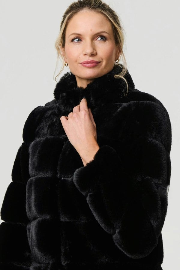 Black | Faux Fur High Neck Cropped Jacket