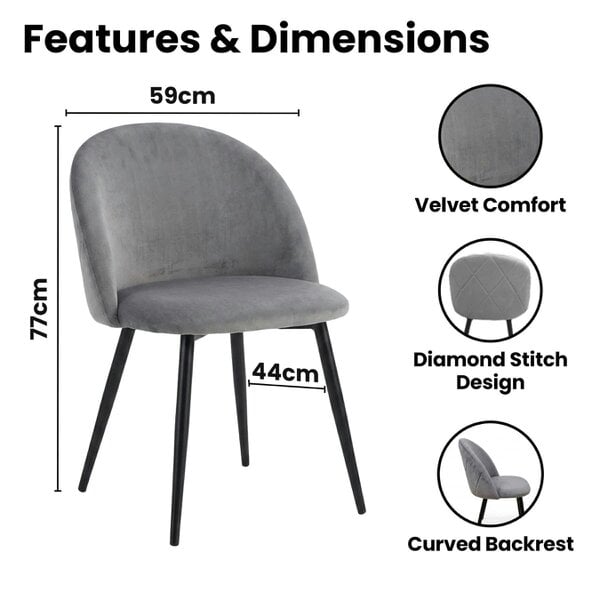 Kosy Koala Set of 4 Grey Velvet Dining Chairs with Curved Backrests & Black Metal Legs, 77x44x59 cm