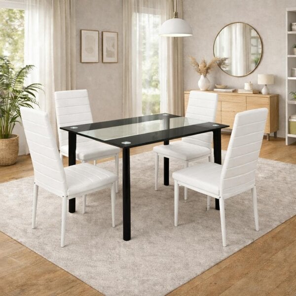 Kosy Koala Black Clear Glass 4 Faux Leather padded White Chairs Dining Room Furniture