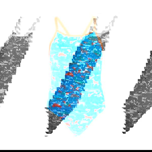 Funkita girls fin swimming diamond back swimsuit in blue with orange straps