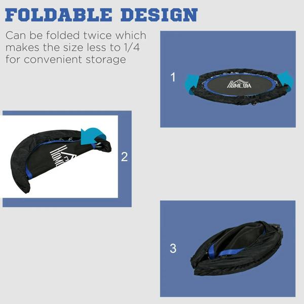 Foldable mini trampoline with compact storage cover and blue-rim black jumping mat