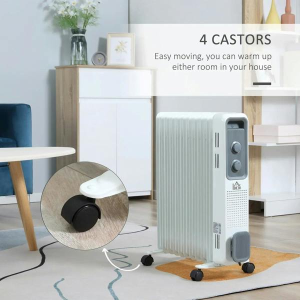 White 11-fin oil-filled radiator on 4 caster wheels with side heat control panel.