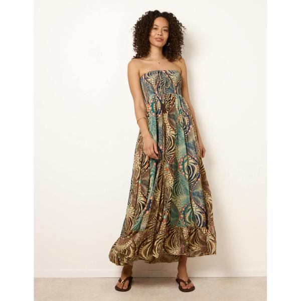 Blue Vanilla Bold Print Bandeau Shirred Maxi Dress