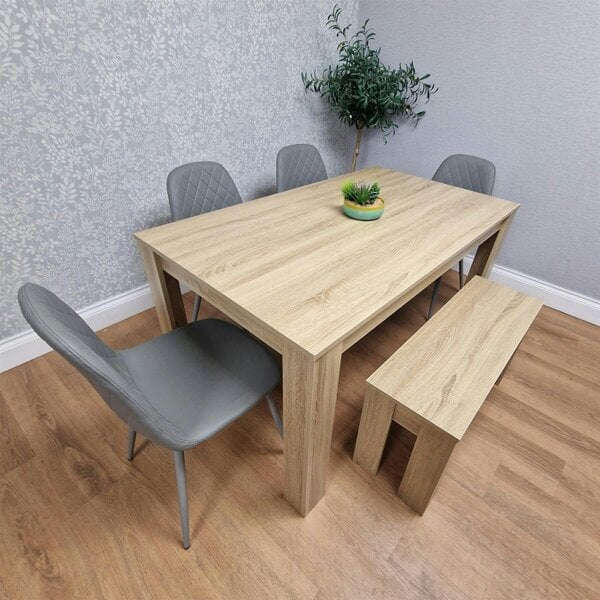 Kosy Koala Oak Effect Dining Table Set With 4 Grey Gem Pattern Chairs And Bench Dining Room Furniture