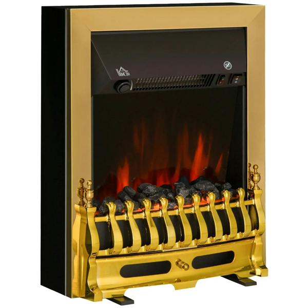 Golden electric fireplace inset with glass front and glowing LED flame effect