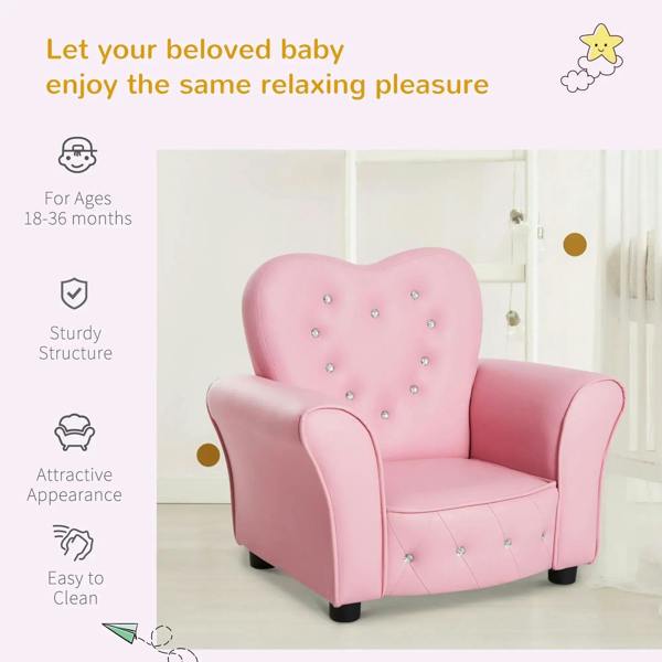 Pink kids armchair with heart-shaped backrest and studded cushions
