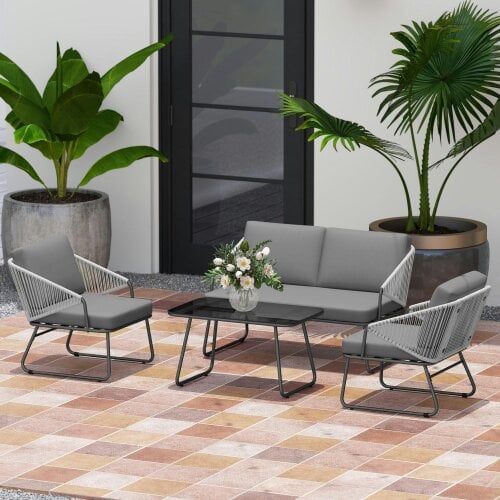 Wyld Haus Yoma Grey Rattan String 4 Seater Outdoor Sofa Set