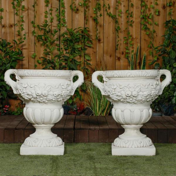 Pair of Large Fruit design White Stone Vases 