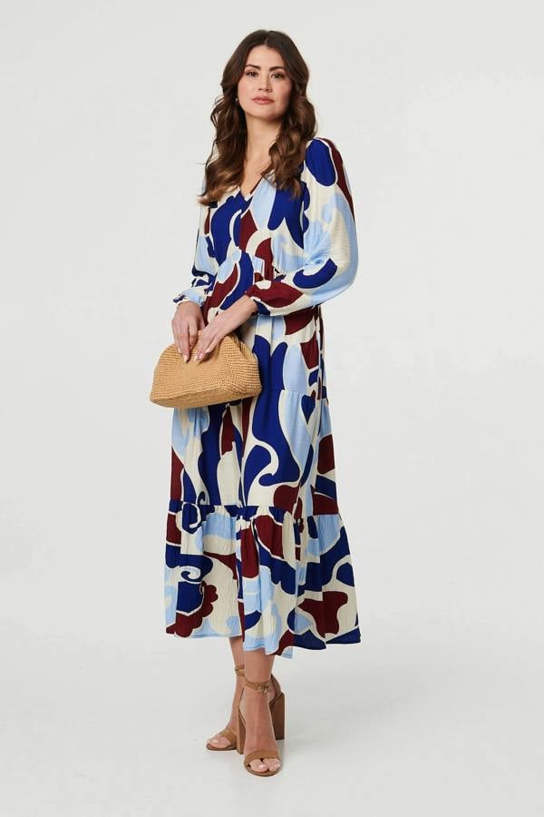 Blue | Abstract Tiered Long Sleeve Midi Dress