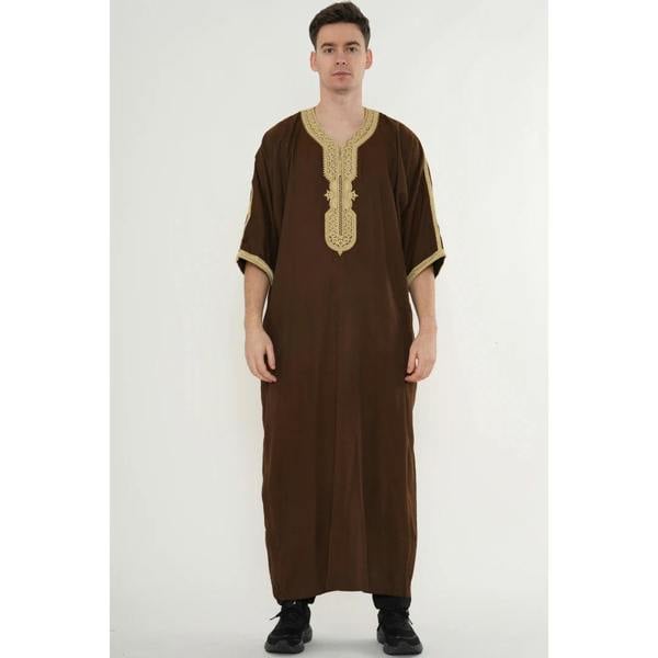 Men's Half Sleeve Embroidery Moroccan Thobe - Brown Beige - Thobez - 17