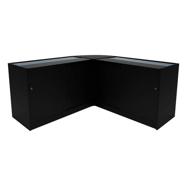 Harmonia LED Shop Counter Set in sleek black, featuring a modern corner design with glass display tops and spacious storage cabinets