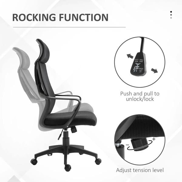 Black office chair with rocking function, adjustable tension control, and caster base