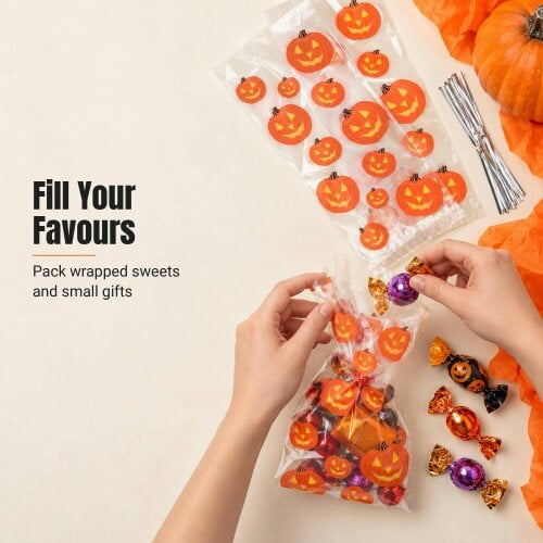 Shatchi 13x30cm Pumpkin Cello Gift Bags with Twist Ties, Pack of 20 for Halloween Treats