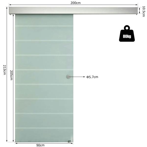 Frosted tempered glass sliding door panel, stripe pattern; 90cm wide, 200cm high