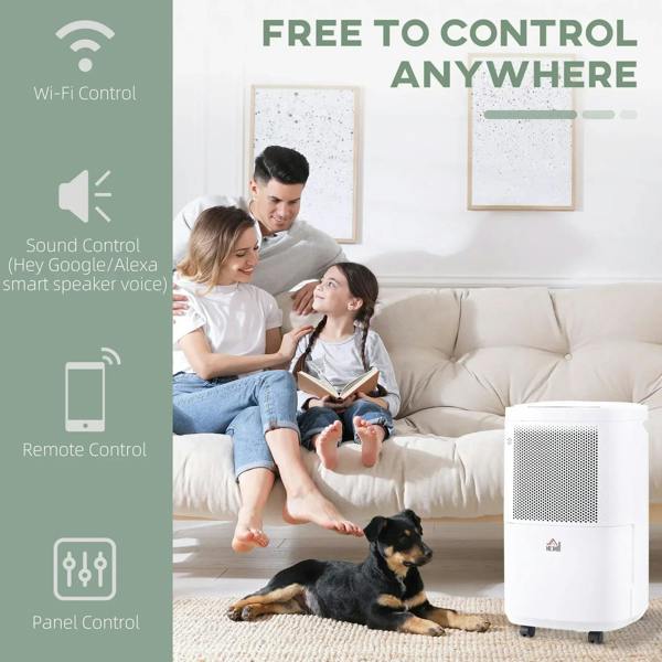 White portable dehumidifier on wheels beside a sofa in a living room setting