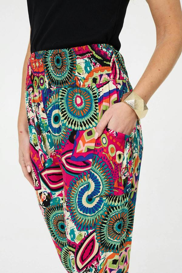 Pink | Abstract Shirred High Waist Harem Pants