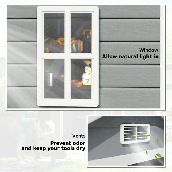 Garden storage shed with front window and vented panel for airflow and light