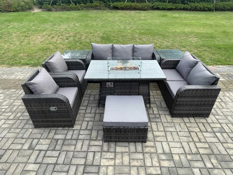 Fimous Rattan Outdoor Garden Furniture Set with Gas Fire Pit Table, 2 Sofas,  2 Chairs, 2 Side Tables & Large Footstool - 8 Seater - Dark Grey