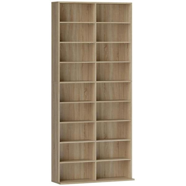 CD storage tower with natural wood finish and 20 open square CD compartments