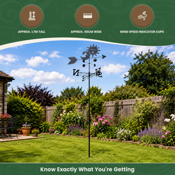 Sun and Moon Weathervane with Wind Speed Cups, All-Steel Black Finish, Wall Mount Bracket and Ground Spike Included
