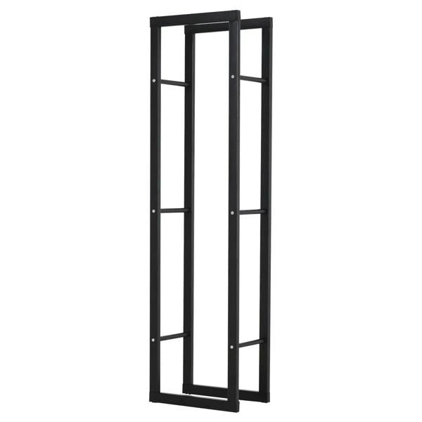 Tall black metal firewood log holder with side rails, vertical open frame
