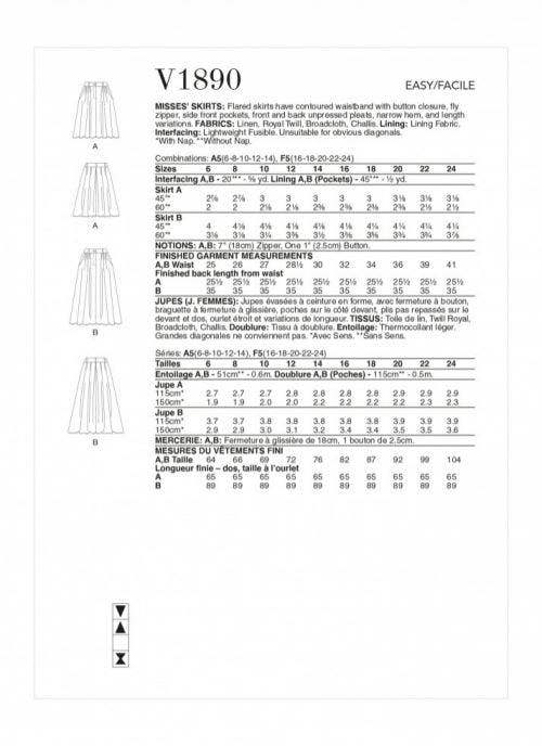 Vogue Sewing Pattern 1890, Skirts for Women, A5 (6-8-10-12-14) - Easy
