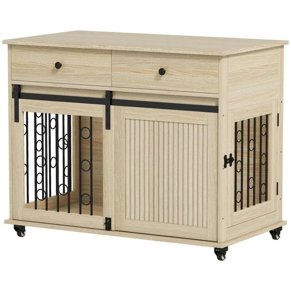 Oak-tone wooden dog crate furniture with two drawers, sliding door panels, and caster wheels