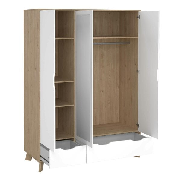 Wyld Haus Lira Jackson Hickory Oak Wood and White Wardrobe 3 Doors  2 Drawers with Mirror