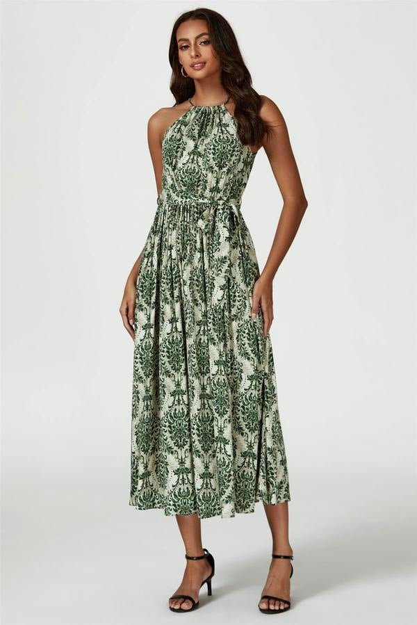 FS Collection Green & Beige Floral Print Tie Halterneck Maxi Dress