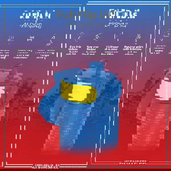 A blue, slim stainless steel water bottle with a full flip lid, showcasing a 240° opening, is shown against a blurred background of American football players. The bottle features repeated text: "#RAMSHOUSE" and "LOS ANGELES".