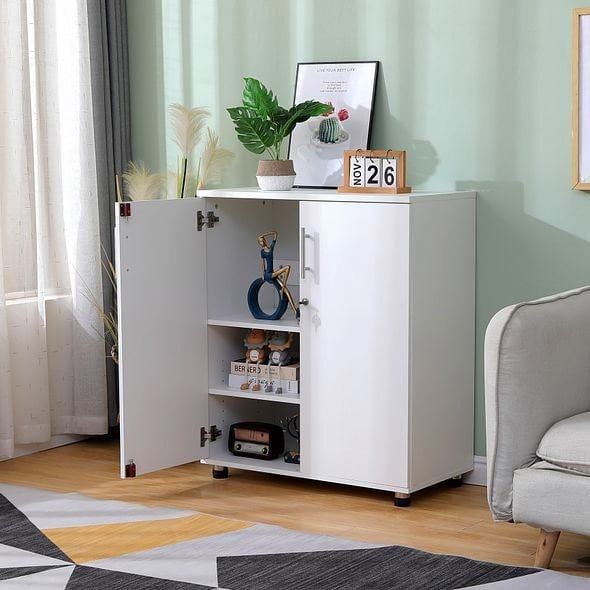 MMT Furniture Designs Storage Cabinet White Wooden Cupboard Filing Cabinet with 2 Shelves - 2 Door Lockable Cupboard